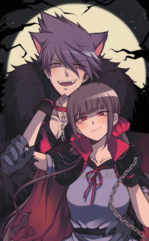 1boy 1girl animal_ears arm_up bangs black_cape black_gloves brown_hair cape collarbone couple criis-chan dangan_ronpa dress eyebrows_visible_through_hair full_moon gloves grey_gloves halloween_costume hand_on_another's_cheek hand_on_another's_face hand_on_another's_hip harukawa_maki head_tilt holding_chain looking_at_viewer momota_kaito moon neck_ribbon new_dangan_ronpa_v3 night purple_dress purple_hair red_eyes red_ribbon ribbon short_hair sidelocks sky smile spiky_hair star_(sky) starry_sky watermark web_address wolf_ears