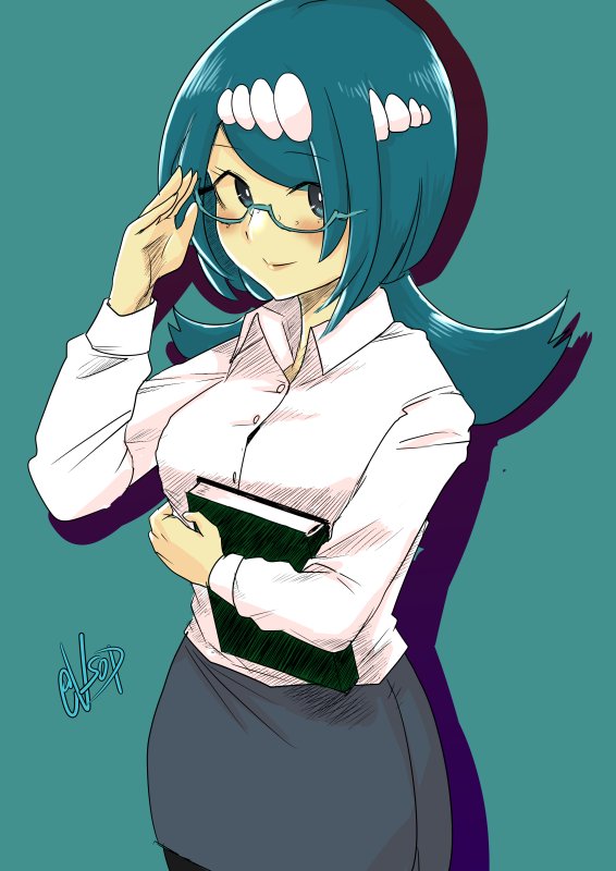 1girl adjusting_eyewear arm_up black_skirt blue_background blue_eyes blue_hair blush book breasts chouku_tetsushitsuiwa closed_mouth collared_shirt creatures_(company) eyebrows_visible_through_hair freckles game_freak glasses holding holding_book large_breasts long_sleeves low_twintails medium_hair nintendo pokemon semi-rimless_eyewear shirt short_twintails signature skirt smile solo suiren's_mother_(pokemon) teacher twintails under-rim_eyewear white_shirt