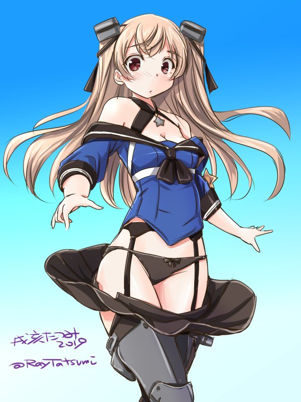 1girl artist_name black_legwear black_panties black_skirt blue_background blue_shirt breasts brown_eyes cleavage cowboy_shot dated garter_straps gradient gradient_background johnston_(kantai_collection) kantai_collection light_brown_hair long_hair medium_breasts off_shoulder panties pleated_skirt sailor_collar school_uniform serafuku shirt simple_background skirt skirt_removed solo standing tatsumi_ray thigh-highs twintails twitter_username two_side_up underwear us_medal_of_honor