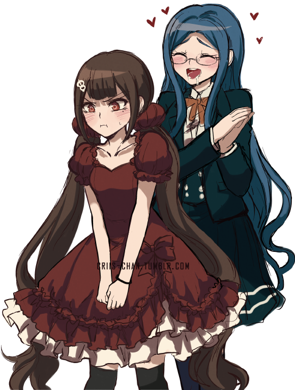 2girls alternate_costume bangs black_jacket black_legwear black_skirt blazer blue_hair blush bow bracelet brown_hair brown_ribbon collarbone criis-chan dangan_ronpa dress dress_shirt drooling glasses hair_ornament hands_together harukawa_maki heart jacket jewelry lolita_fashion long_hair long_sleeves medium_skirt mole mole_under_mouth multiple_girls neck_ribbon new_dangan_ronpa_v3 open_blazer open_clothes open_jacket parted_bangs pleated_skirt red_bow red_dress red_eyes ribbon shiny shiny_hair shirogane_tsumugi shirt short_dress simple_background sketch skirt standing sweatdrop thigh-highs twintails very_long_hair watermark web_address white_background white_shirt