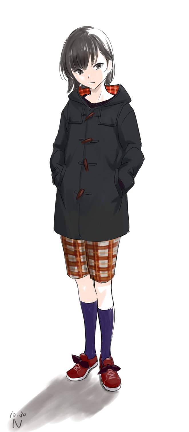 1girl bangs black_eyes black_jacket black_legwear commentary_request dated expressionless full_body grey_hair hands_in_pockets highres hood hood_down hooded_jacket jacket natu2nd original plaid red_footwear shadow shoes short_hair shorts simple_background socks solo standing white_background