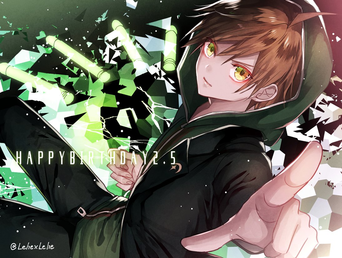 1boy ahoge black_pants brown_hair dangan_ronpa eyebrows_visible_through_hair green_eyes green_jacket hair_between_eyes happy_birthday hinata_hajime hood hood_up hooded_jacket index_finger_raised jacket male_focus outstretched_arm pants twitter_username z-epto_(chat-noir86) zipper