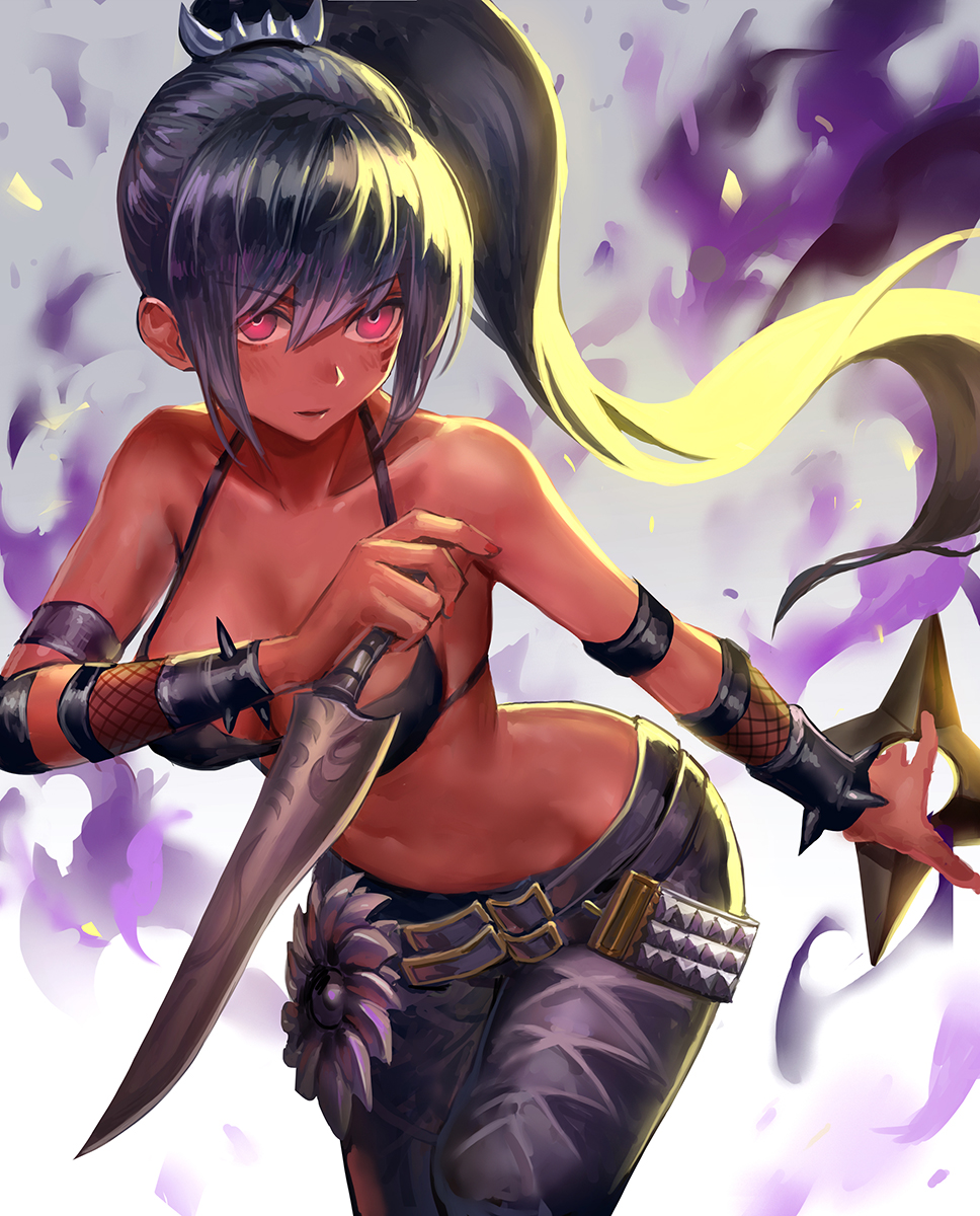 1girl bangs bare_shoulders belt bikini_top black_bikini_top black_pants blade_&amp;_soul blush bracelet breasts collarbone cowboy_shot dagger danann dark_skin dual_wielding facial_mark hair_between_eyes highres holding holding_weapon jewelry leaning_forward long_hair looking_at_viewer medium_breasts nail_polish navel pants parted_lips pink_eyes ponytail purple_hair red_nails serious shuriken signature smile solo spiked_bracelet spikes swimsuit v-shaped_eyebrows very_long_hair weapon