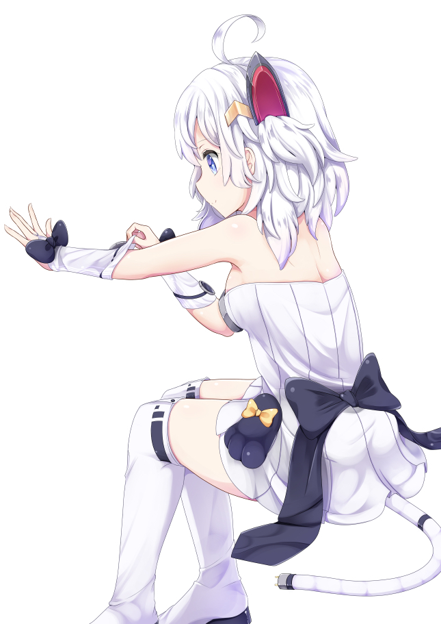 1girl adjusting_clothes adjusting_gloves ahoge azur_lane blue_eyes boots bridal_gauntlets from_behind glove_bow gloves hair_ornament looking_away mechanical_tail simple_background sitting solo tail thigh-highs thigh_boots universal_bullin_(azur_lane) uru_byou white_background white_footwear white_gloves white_hair