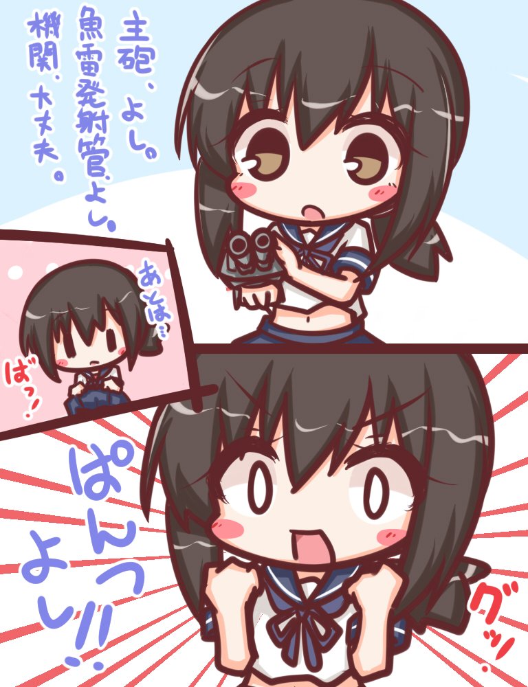 1girl :d :o bangs blue_ribbon blue_sailor_collar blue_skirt blush_stickers brown_eyes brown_hair comic commentary_request emphasis_lines eyebrows_visible_through_hair fubuki_(kantai_collection) hair_between_eyes hands_up kantai_collection komakoma_(magicaltale) lifted_by_self long_hair midriff navel neck_ribbon open_mouth parted_lips pleated_skirt ribbon sailor_collar school_uniform serafuku shirt short_sleeves skirt skirt_lift smile translation_request white_shirt ||_||