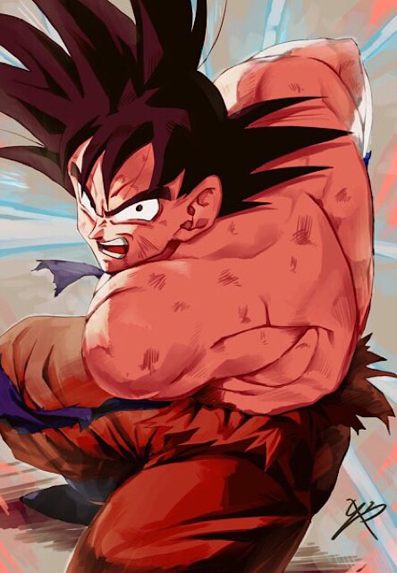 1boy black_eyes black_hair dirty dirty_clothes dirty_face dragon_ball dragonball_z fighting_stance from_above frown incoming_punch kaio_ken kamehameha looking_at_viewer male_focus reeya serious shaded_face shirtless short_hair signature son_gokuu spiky_hair