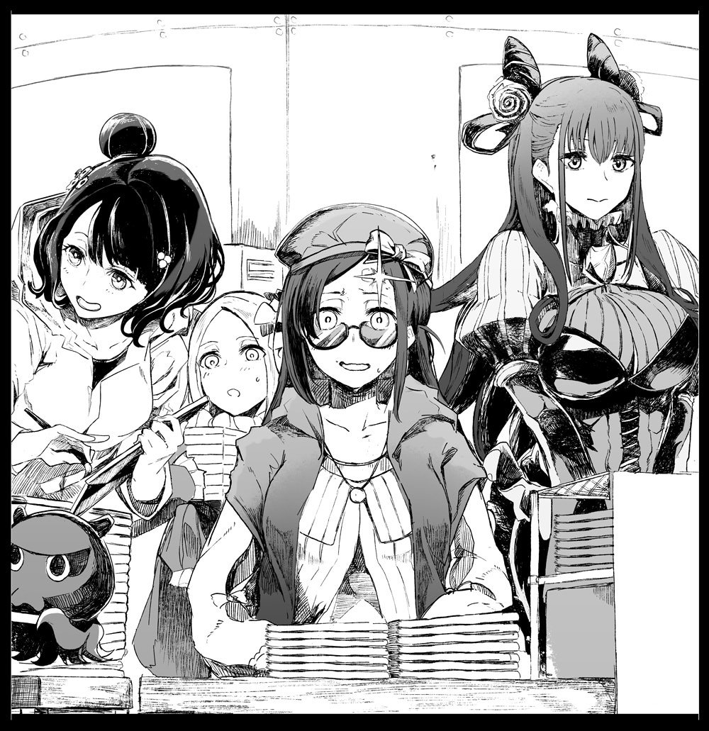 4girls abigail_williams_(fate/grand_order) bangs casual comiket doujinshi fate/grand_order fate_(series) glasses greyscale hat katsushika_hokusai_(fate/grand_order) long_hair monochrome multiple_girls murasaki_shikibu_(fate) octopus osakabe-hime_(fate/grand_order) parted_bangs pile_of_books puffy_sleeves sketch syatey two_side_up very_long_hair