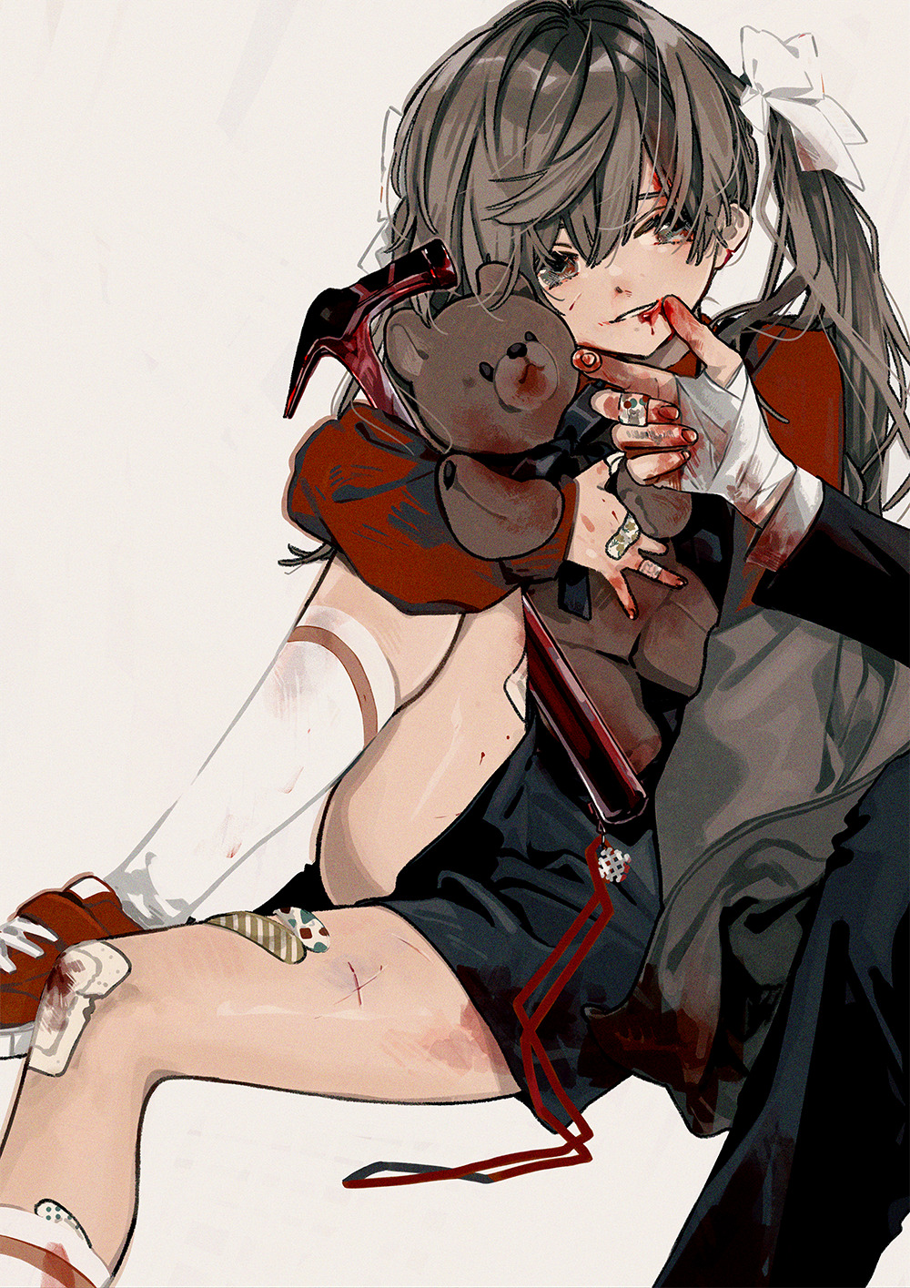 1girl bandaged_hand bandaid bandaid_on_leg blood brown_eyes brown_hair hair_ribbon highres keishin knee_up long_hair long_sleeves original parted_lips red_footwear ribbon shoes simple_background smile socks stuffed_animal stuffed_toy teddy_bear twintails white_background white_legwear