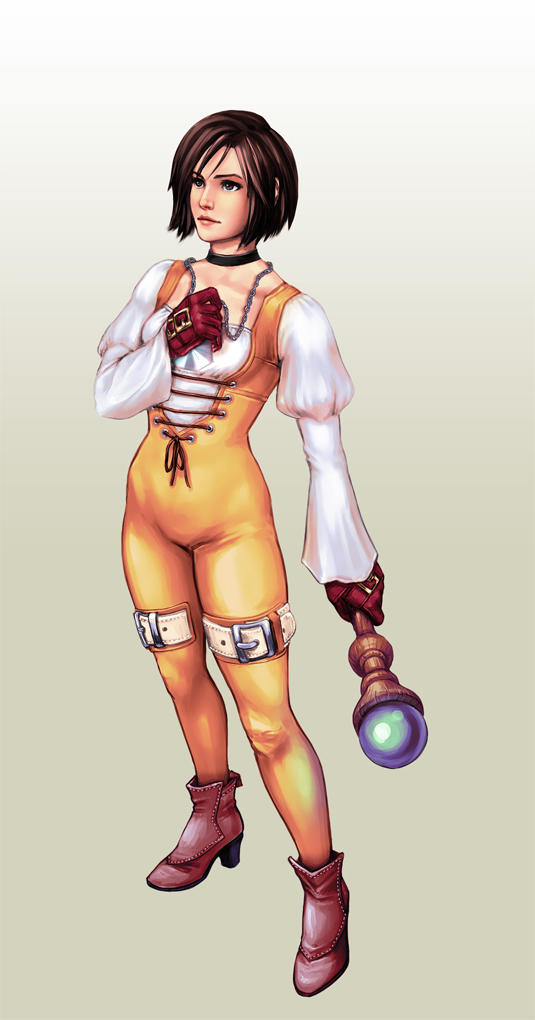 1girl ankle_boots black_hair bodysuit boots breasts brown_eyes choker final_fantasy final_fantasy_ix full_body garnet_til_alexandros_xvii gloves high_heel_boots high_heels holding holding_necklace holding_staff jewelry juliet_sleeves long_sleeves necklace orange_bodysuit pendant short_hair solo staff standing weapon
