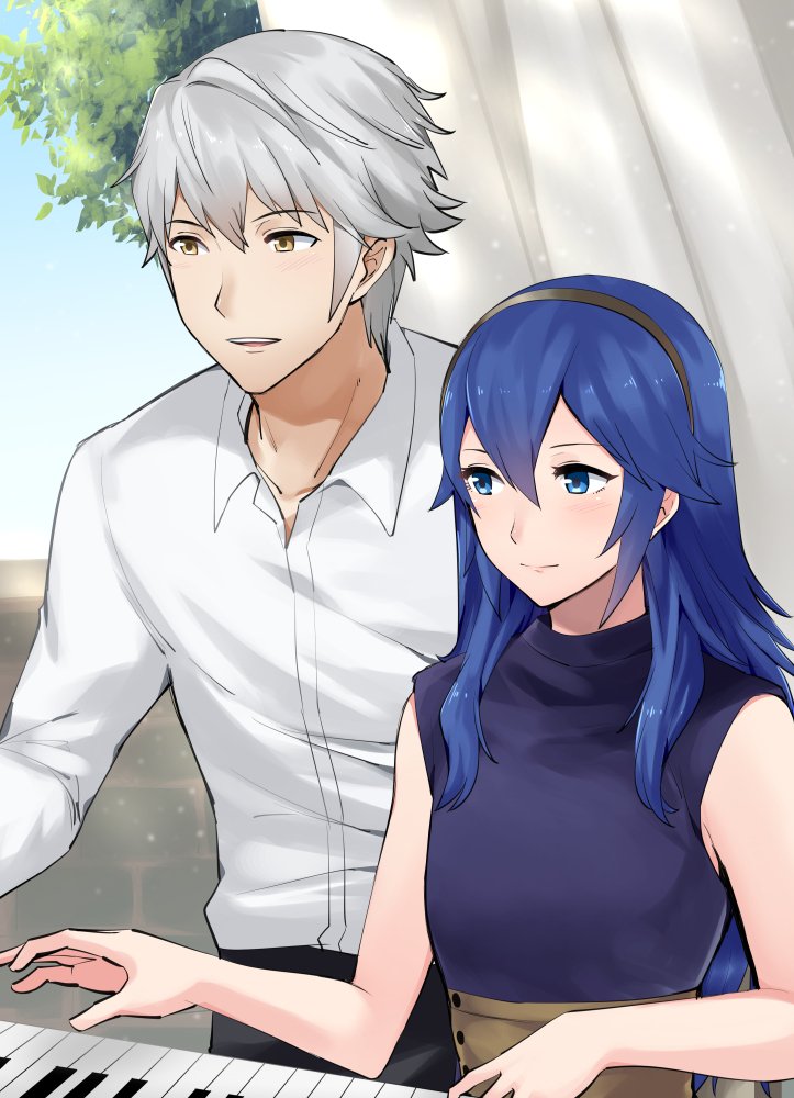 1boy 1girl a_meno0 blue_eyes blue_hair blue_shirt brown_hairband collarbone corset couple curtains day dress_shirt dust_particles fire_emblem fire_emblem:_kakusei hair_between_eyes hairband indoors instrument intelligent_systems long_hair lucina male_my_unit_(fire_emblem:_kakusei) music my_unit_(fire_emblem:_kakusei) nintendo open_mouth open_window piano playing_instrument shiny shiny_hair shirt silver_hair sitting sleeveless sleeveless_shirt smile standing upper_body very_long_hair white_shirt window