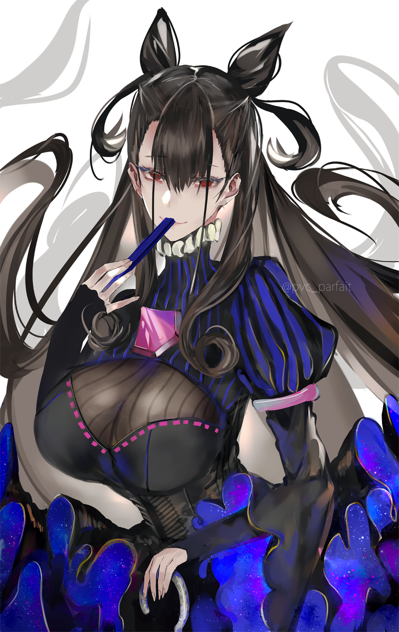 1girl bangs black_hair breasts closed_mouth fate/grand_order fate_(series) highres large_breasts long_hair looking_at_viewer murasaki_shikibu_(fate) pvc_parfait red_eyes smile