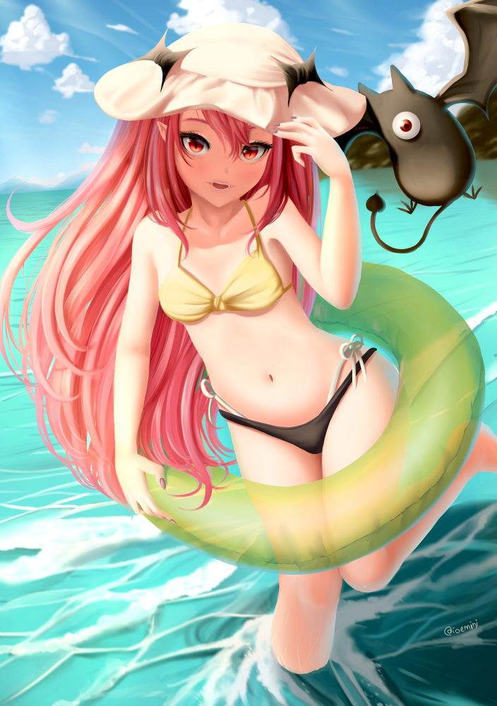 1girl arukanu barefoot bat bikini blush clouds collarbone commentary day dkoro english_commentary fingernails hair_between_eyes hand_on_headwear hat innertube krul_tepes layered_bikini leg_up long_hair looking_at_viewer mismatched_bikini nail_polish navel outdoors owari_no_seraph parted_lips pink_hair pointy_ears purple_nails red_eyes sharp_fingernails sky slit_pupils smile standing standing_on_one_leg swimsuit twitter_username very_long_hair water white_hat