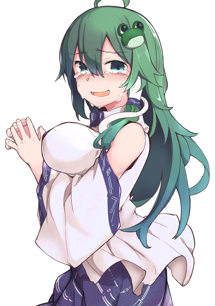 1girl ahoge bangs bare_shoulders blue_skirt blush breasts commentary_request cowboy_shot crying crying_with_eyes_open detached_sleeves eyebrows_visible_through_hair frog_hair_ornament furorina green_eyes green_hair hair_between_eyes hair_ornament hair_tubes highres kochiya_sanae large_breasts long_hair long_sleeves looking_at_viewer nose_blush open_mouth own_hands_together shirt sidelocks simple_background skirt smile snake_hair_ornament solo standing steepled_fingers tears touhou white_background white_shirt wide_sleeves wing_collar