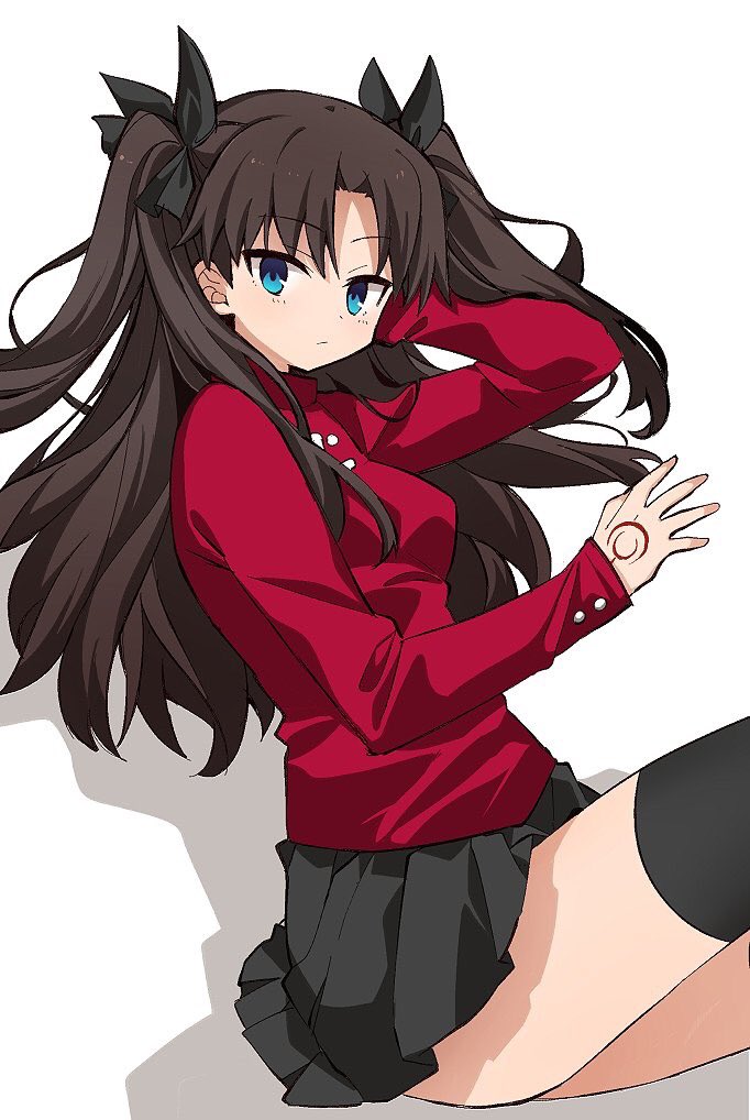 1girl black_hair black_legwear black_skirt blue_eyes command_spell fate/stay_night fate_(series) hair_ribbon long_hair looking_at_viewer murakami_meishi pleated_skirt ribbon skirt solo sweater thigh-highs tohsaka_rin turtleneck two_side_up zettai_ryouiki