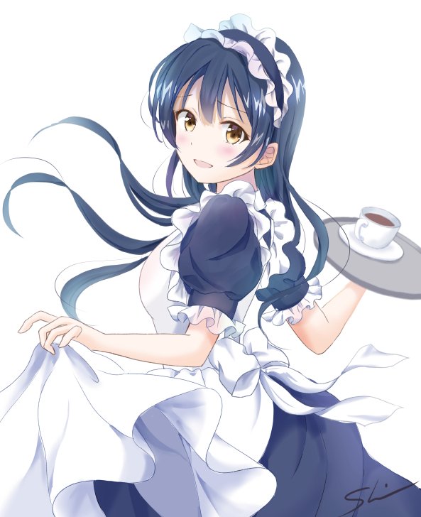 1girl alternate_costume apron bangs blue_hair blush carrying commentary_request cup enmaided frills hair_between_eyes long_hair looking_at_viewer love_live! love_live!_school_idol_project maid maid_apron maid_headdress open_mouth puffy_short_sleeves puffy_sleeves shino_(shinderera) short_sleeves simple_background skirt_hold smile sonoda_umi white_background yellow_eyes