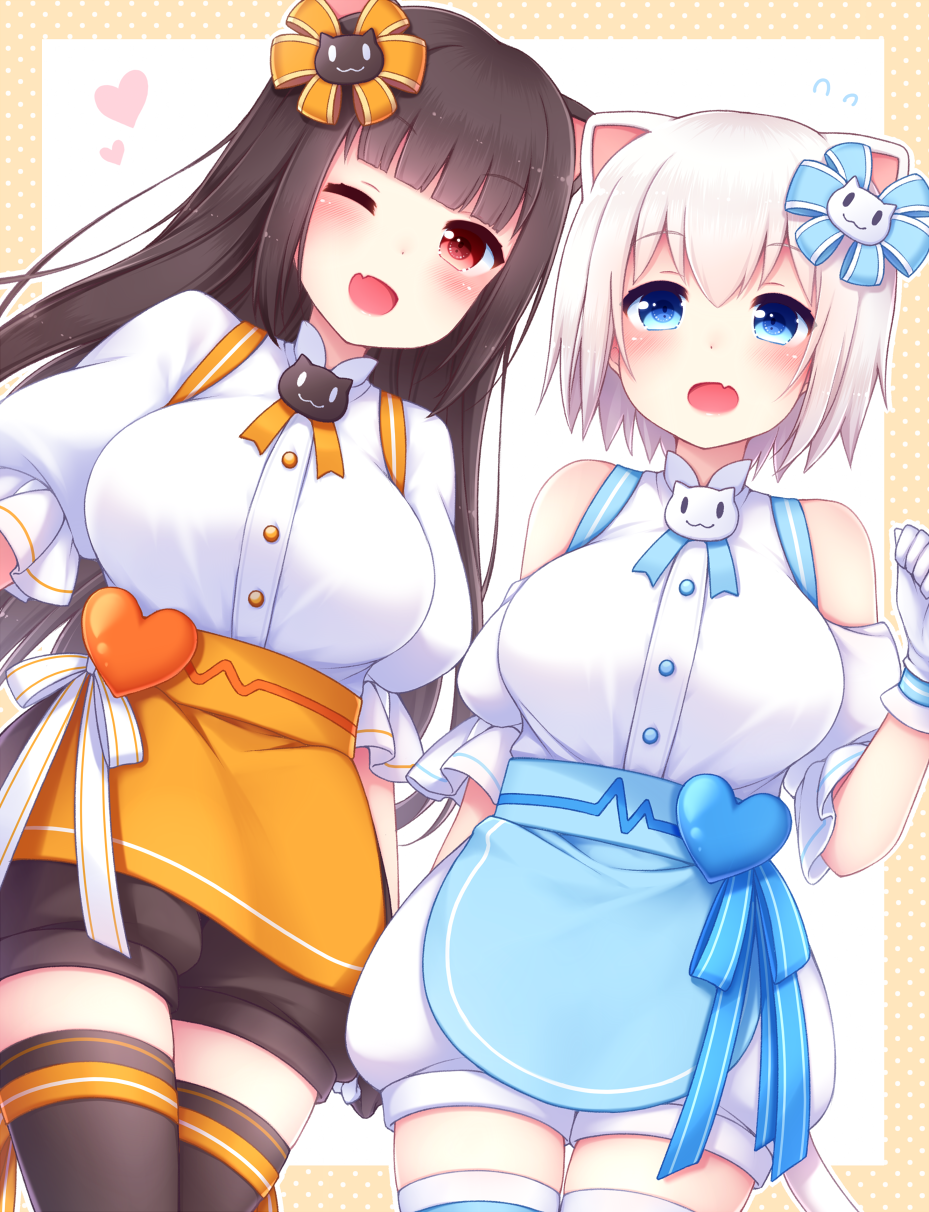 2girls ;d animal_ears apron bangs black_legwear blue_apron blue_eyes blunt_bangs blush border breasts brown_hair cat_ears cat_hair_ornament cat_tail character_request chunithm commentary_request eyebrows_visible_through_hair fang flying_sweatdrops gloves hair_ornament heart highres large_breasts long_hair looking_at_viewer maimai_(game) multiple_girls one_eye_closed open_mouth orange_apron outside_border puffy_shorts red_eyes sanotsuki shirt short_hair shorts smile tail thigh-highs very_long_hair waist_apron waitress white_background white_gloves white_hair white_shirt