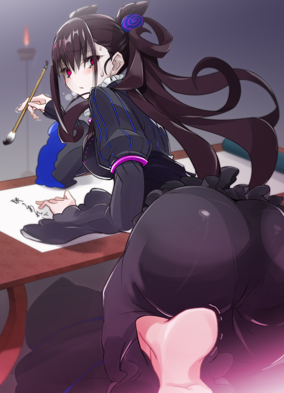 1girl ass bangs barefoot black_dress black_hair blush breasts calligraphy_brush candlestand dress eyebrows_visible_through_hair fate/grand_order fate_(series) frown hair_ornament highres kneeling large_breasts long_hair looking_at_viewer murasaki_shikibu_(fate) paintbrush parted_lips red_eyes sleeves_past_wrists solo sweatdrop table trembling vane
