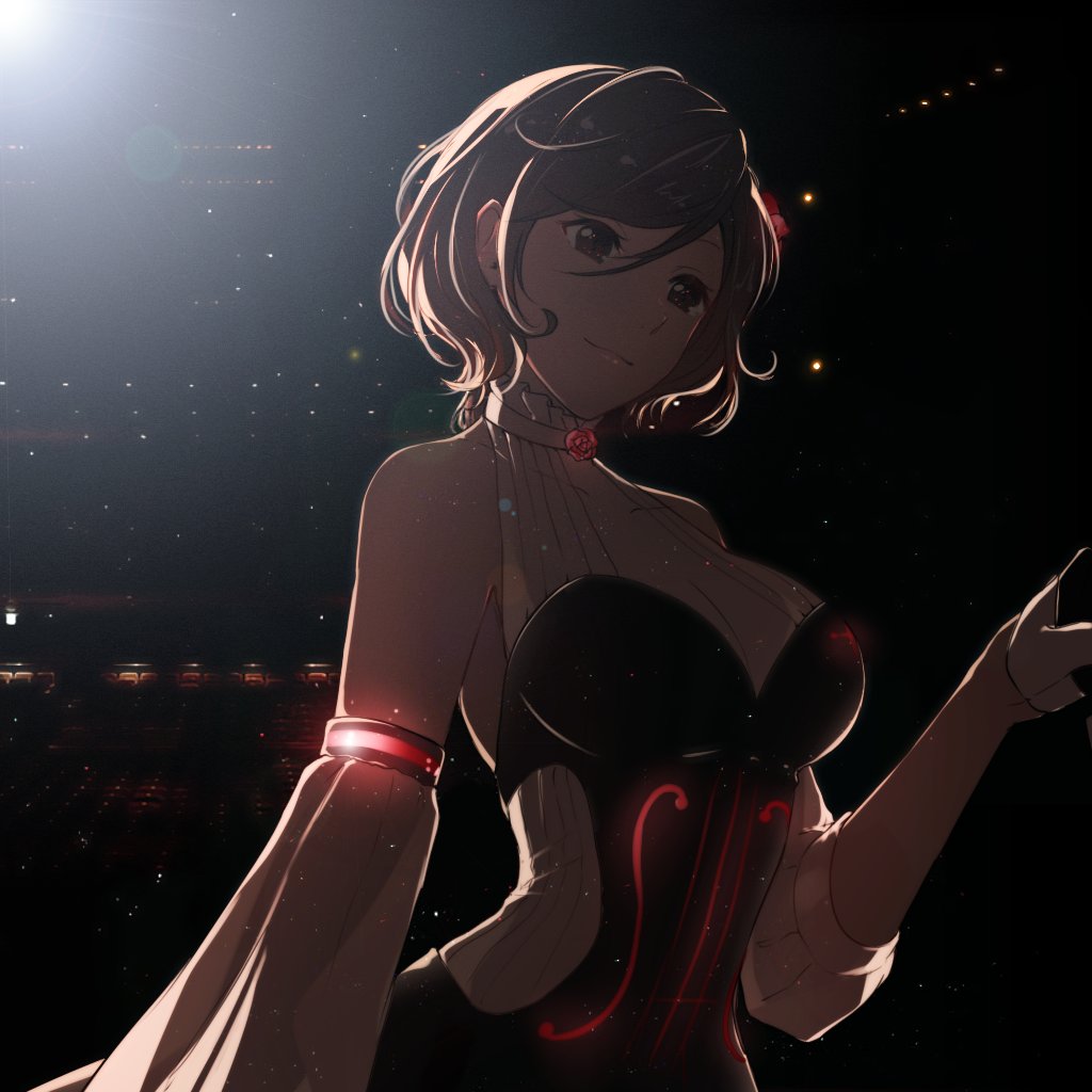 1girl asymmetrical_sleeves auditorium backless_outfit bare_shoulders breasts brown_hair cleavage commentary detached_sleeves flower flower_neckwear hair_ornament halterneck hand_up large_breasts lens_flare meiko miku_symphony_(vocaloid) red_eyes rose short_hair smile solo spotlight upper_body vocaloid yen-mi