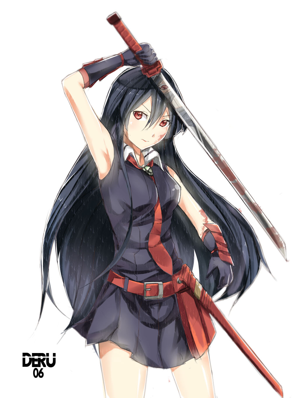 1girl akame akame_ga_kill! armpits artist_name bangs belt black_gloves black_hair breasts closed_mouth deru06 gloves hair_between_eyes highres holding holding_sword holding_weapon looking_at_viewer markings miniskirt necktie parted_lips red_belt red_eyes red_neckwear simple_background skirt square_enix sword v-shaped_eyebrows weapon white_background white_fox_(company)