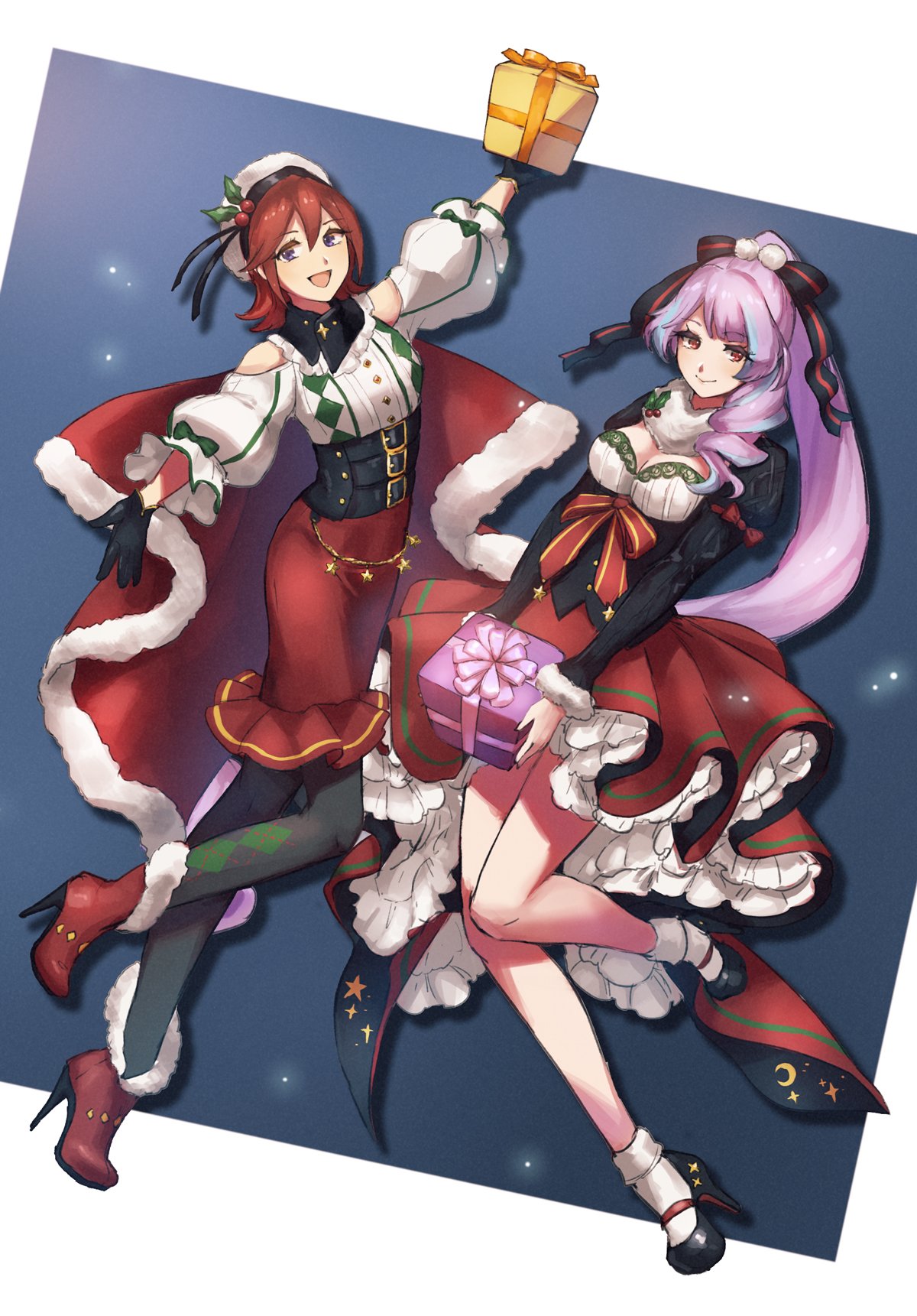 2girls :d black_gloves black_legwear blue_eyes boots box breasts choker cleavage corset eyebrows_visible_through_hair floating_hair full_body fur_boots gift gift_box gloves high_heel_boots high_heels high_ponytail highres holding holding_box kaname_buccaneer layered_skirt leg_up long_hair looking_at_viewer macross macross_delta medium_breasts mikumo_guynemer multiple_girls open_mouth outstretched_arms pantyhose pencil_skirt protected_link purple_hair red_eyes red_footwear red_skirt redhead scarf shimatani_azu shirt short_hair shoulder_cutout skirt smile socks very_long_hair white_hair white_legwear white_shirt