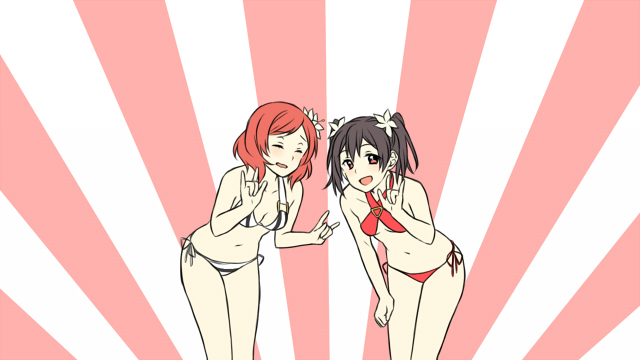 2girls :d bent_over bikini black_hair breasts cleavage closed_eyes collarbone flower fuyu_rin hair_flower hair_ornament halterneck love_live! love_live!_school_idol_project medium_breasts multiple_girls navel nishikino_maki open_mouth red_bikini red_eyes redhead short_hair side-tie_bikini small_breasts smile standing striped striped_background striped_bikini swimsuit twintails white_flower yazawa_nico