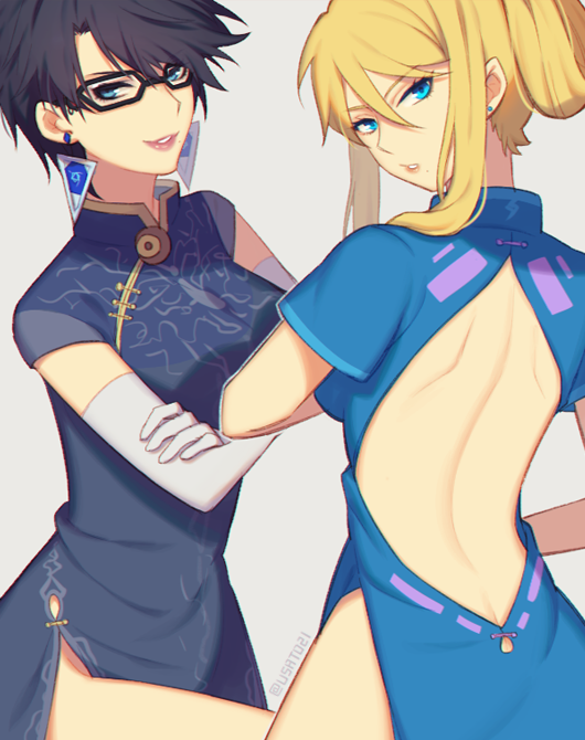 2girls alternate_costume alternate_hair_length alternate_hairstyle ass bare_shoulders bayonetta bayonetta_(character) bayonetta_2 blonde_hair blue_eyes breasts china_dress chinese_clothes cleavage_cutout dress glasses gloves lipstick long_hair looking_at_viewer makeup metroid mole mole_under_mouth multiple_girls nintendo open_mouth pelvic_curtain platinum_games_inc. ponytail samus_aran sega short_hair side_slit sleeveless smile sora_(company) super_smash_bros. super_smash_bros._ultimate super_smash_bros_for_wii_u_and_3ds wusagi2