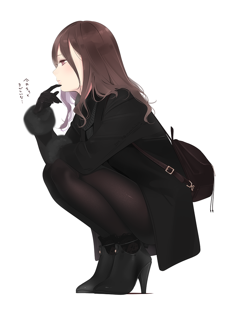 1girl ama_mitsuki bag black_coat black_footwear black_gloves black_legwear black_scarf brown_eyes brown_hair commentary_request fine_fabric_emphasis from_side full_body gloves high_heels long_hair long_sleeves looking_away original pantyhose parted_lips profile scarf shadow simple_background solo squatting translated white_background winter_clothes