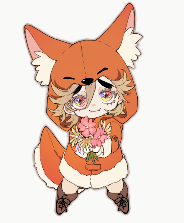 1boy animal_costume animal_ear_fluff animal_hood blonde_hair boots brown_footwear chibi closed_mouth coat cross-laced_footwear douma_(kimetsu_no_yaiba) fangs fangs_out flower fox_costume fox_hood full_body fur-trimmed_coat fur_trim giving hair_between_eyes happy holding holding_flower hood hooded_coat kimetsu_no_yaiba lace-up_boots legs_apart light_brown_hair long_sleeves looking_at_viewer male_focus multicolored_eyes orange_coat outstretched_arm pink_flower qin_(7833198) rainbow_eyes simple_background smile solo white_background yellow_flower