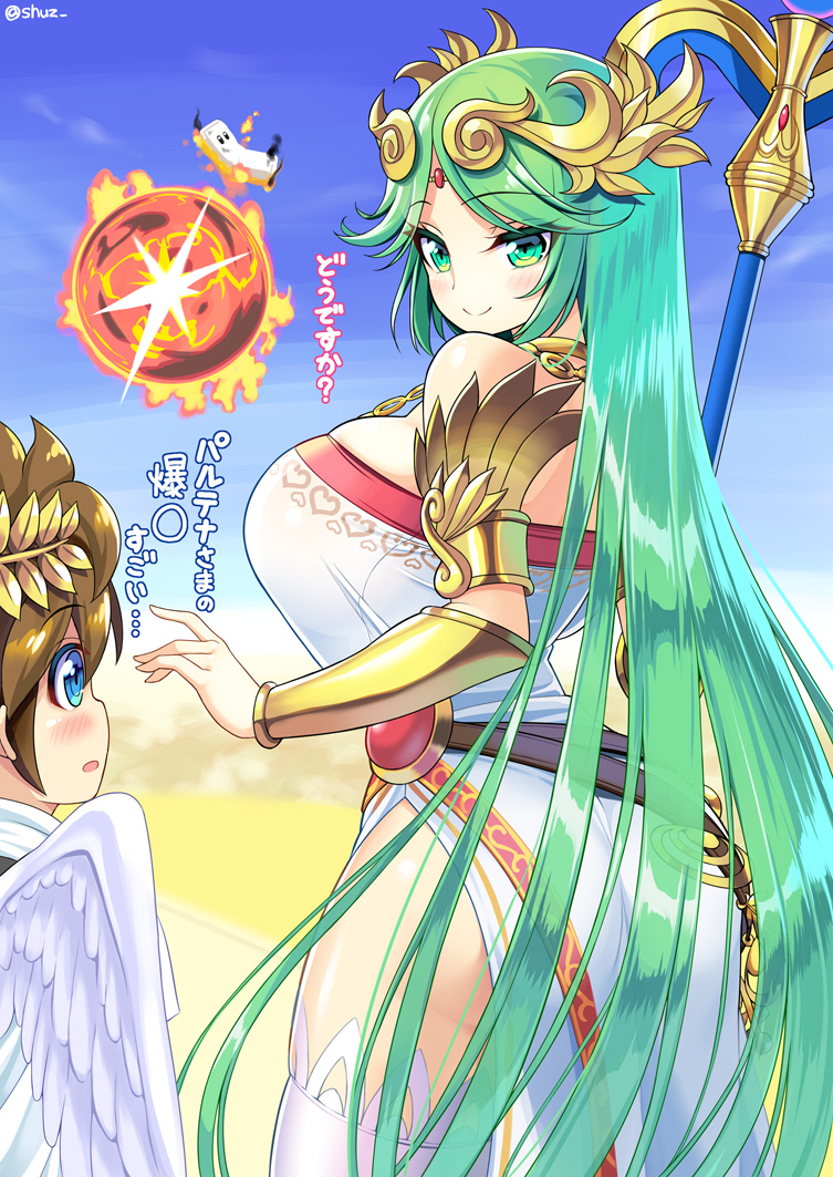 1boy 1girl bare_shoulders blue_eyes breasts brown_hair dress goddess green_eyes green_hair large_breasts long_hair nintendo palutena pit_(kid_icarus) shuz_(dodidu) staff super_smash_bros. super_smash_bros._ultimate thigh-highs tiara translated very_long_hair wings