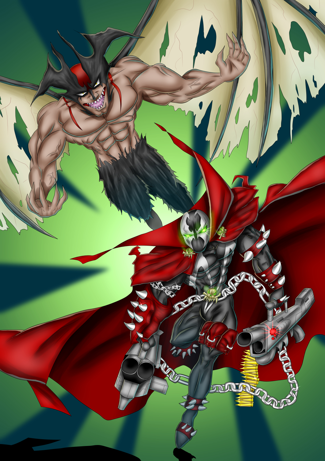 2boys cape chains claws crossover demon demon_wings devilman devilman_(character) glowing glowing_eyes green_eyes gun head_wings highres holding holding_gun holding_weapon image_comics kyuhri_miyazato male_focus mask multiple_boys skull spawn spawn_(spawn) spikes superhero tail weapon wings