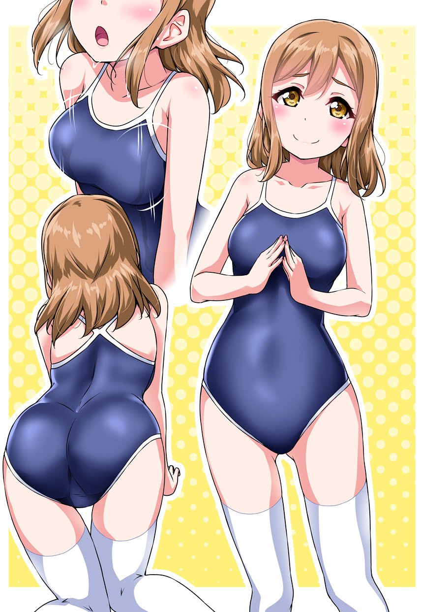 1girl all_fours ass bangs blue_swimsuit blush bouncing_breasts breasts brown_hair collarbone commentary_request competition_school_swimsuit gluteal_fold halftone halftone_background head_out_of_frame highres kunikida_hanamaru logo looking_at_viewer love_live! love_live!_sunshine!! multiple_views one-piece_swimsuit open_mouth outline school_swimsuit smile steepled_fingers swimsuit thigh-highs wet white_legwear white_outline yellow_background yellow_eyes yopparai_oni