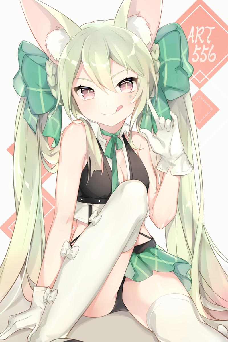 1girl :q animal_ear_fluff animal_ears art556_(girls_frontline) bangs bare_shoulders black_panties bow braid breasts brown_eyes cleavage closed_mouth commentary girls_frontline gloves green_bow green_hair green_skirt hair_between_eyes hair_bow hand_up highres knee_up leafwow long_hair looking_at_viewer medium_breasts panties pleated_skirt sitting skirt smile solo thigh-highs tongue tongue_out twintails underwear v-shaped_eyebrows very_long_hair white_gloves white_legwear