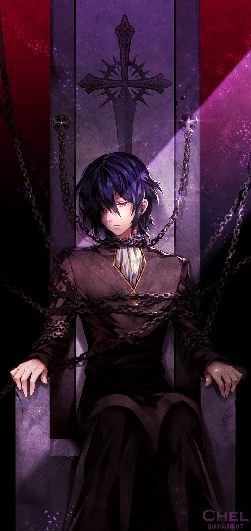 1boy artist_name black_cloak black_hair black_legwear cadis_etrama_di_raizel chain chained chains chel9 cloak commentary dated english_commentary feet_out_of_frame hair_between_eyes hair_over_one_eye highres long_sleeves looking_to_the_side noblesse red_eyes short_hair sitting solo throne