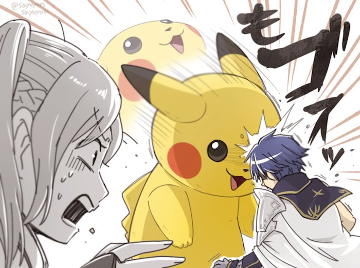 1boy 1girl cape creatures_(company) female_my_unit_(fire_emblem:_kakusei) fire_emblem fire_emblem:_kakusei game_freak gen_1_pokemon gloves headbutt krom long_hair mamkute my_unit_(fire_emblem:_kakusei) nintendo open_mouth pikachu pokemon pokemon_(creature) robe sayoyonsayoyo short_hair simple_background super_smash_bros. super_smash_bros._ultimate twintails white_hair