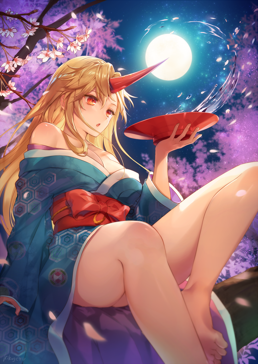 1girl :o alternate_costume artist_name bangs bare_legs bare_shoulders barefoot blonde_hair blue_kimono branch breasts cherry_blossoms cleavage commentary_request cup eyebrows_visible_through_hair feet_out_of_frame hair_between_eyes hand_up highres holding holding_cup horn hoshiguma_yuugi hoshiguma_yuugi_(promo) japanese_clothes kikugetsu kimono knee_up large_breasts long_hair long_sleeves night night_sky obi off_shoulder outdoors parted_lips red_eyes red_sash sakazuki sash sidelocks sitting sky solo star_(sky) starry_sky thighs touhou twitter_username wide_sleeves