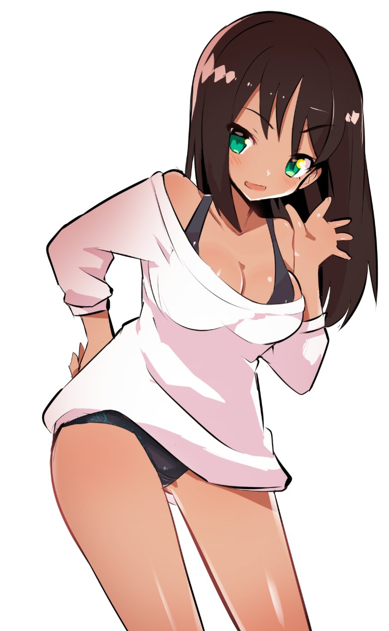 1girl arm_up black_swimsuit brown_hair caburi character_request copyright_request green_eyes hand_on_hip highres long_hair no_pants off_shoulder one-piece_swimsuit shirt simple_background smile solo swimsuit swimsuit_under_clothes waving white_background white_shirt