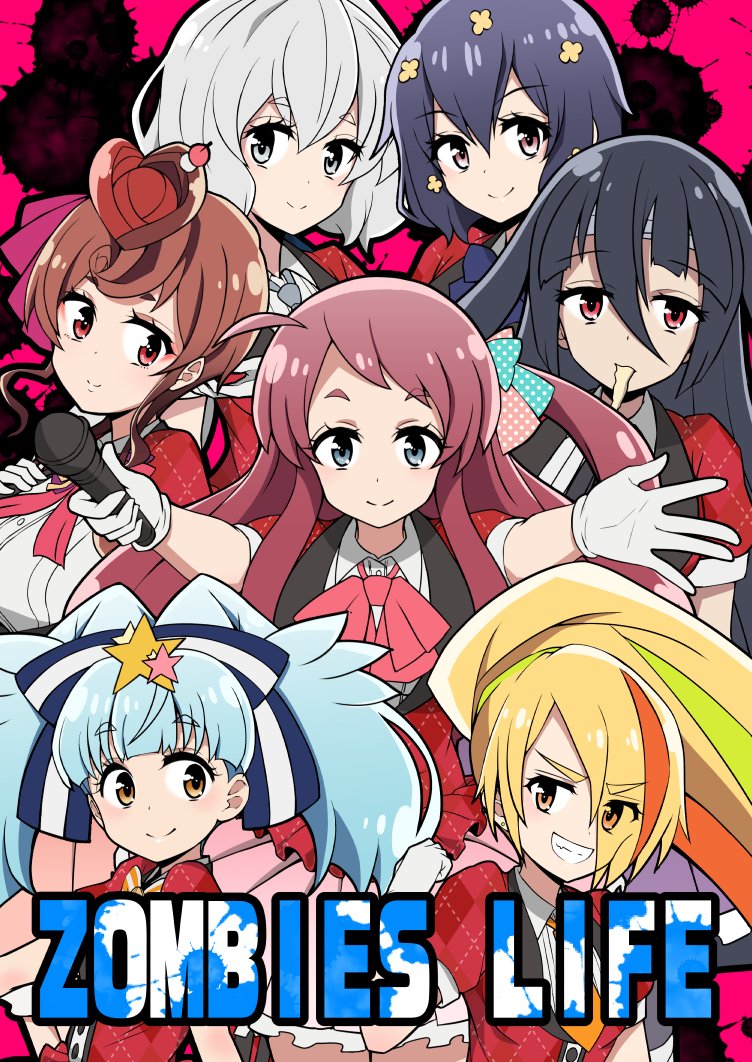 6+girls aqua_hair bangs black_hair blonde_hair blue_eyes blunt_bangs bow brown_hair commentary_request eyebrows_visible_through_hair gloves grin hair_ornament hair_over_one_eye hoshikawa_lily konno_junko long_hair looking_at_viewer low_twintails matching_outfit microphone minamoto_sakura mizuno_ai multicolored_hair multiple_girls nikaidou_saki outstretched_arms polka_dot polka_dot_bow ponytail red_eyes redhead short_hair side_ponytail smile star star_hair_ornament streaked_hair toda_kazuki twintails upper_body white_gloves white_hair yamada_tae yuugiri_(zombie_land_saga) zombie_land_saga