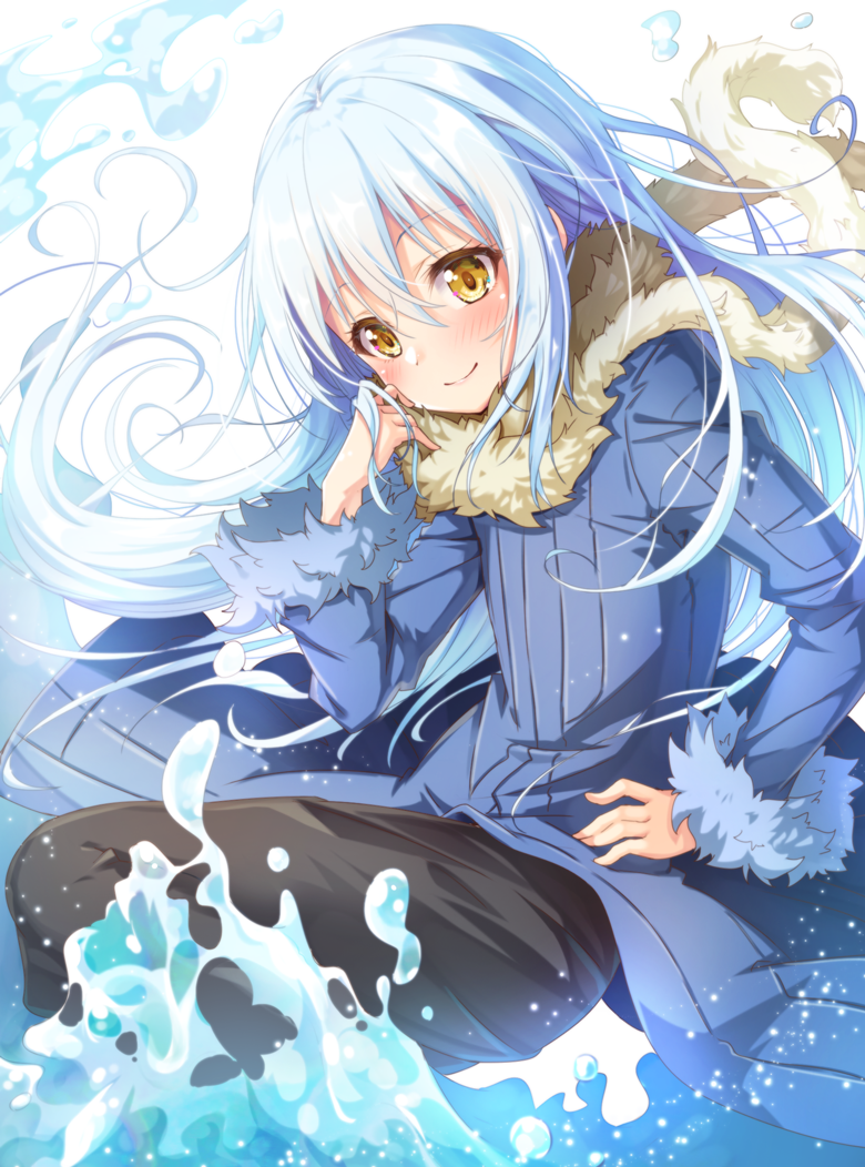 1other androgynous bangs black_pants blue_coat blue_hair blush brown_eyes closed_mouth commentary_request eyebrows_visible_through_hair fur-trimmed_sleeves fur_collar fur_trim hair_between_eyes hand_on_hip hand_up long_hair long_sleeves matokechi pants rimuru_tempest smile solo tensei_shitara_slime_datta_ken very_long_hair water white_background