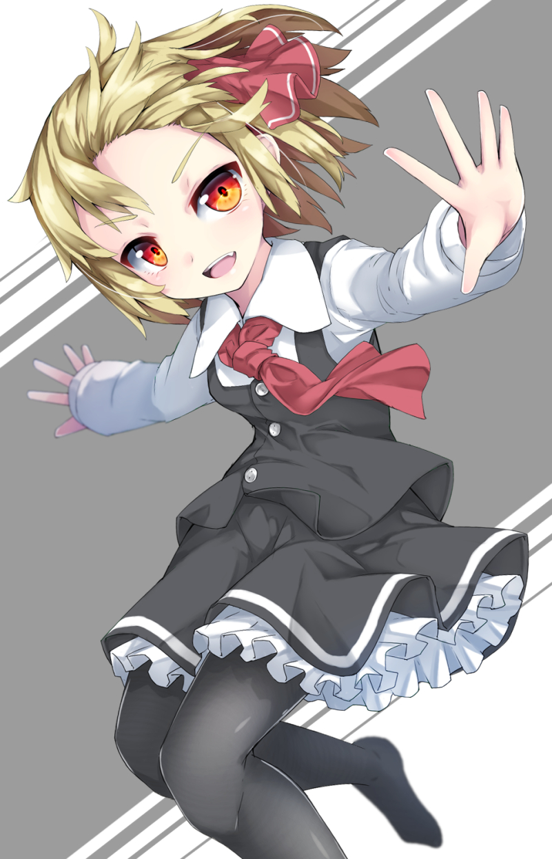 1girl :d bangs black_legwear black_skirt black_vest blonde_hair commentary_request dutch_angle eyebrows_visible_through_hair fang frilled_skirt frills grey_background highres long_sleeves looking_at_viewer no_shoes open_mouth outstretched_arms pantyhose red_eyes rumia shirt skirt smile solo spread_arms touhou two-tone_background uumaru v-shaped_eyebrows vest white_background white_shirt