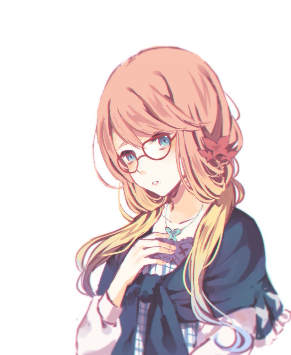 1girl blonde_hair blue_eyes glasses gradient_hair haruno_sora highres jewelry long_hair looking_at_viewer low_twintails multicolored_hair necklace parted_lips red-framed_eyewear simple_background tamagoyaki_(glasses-daisuki) twintails upper_body vocaloid voiceroid white_background