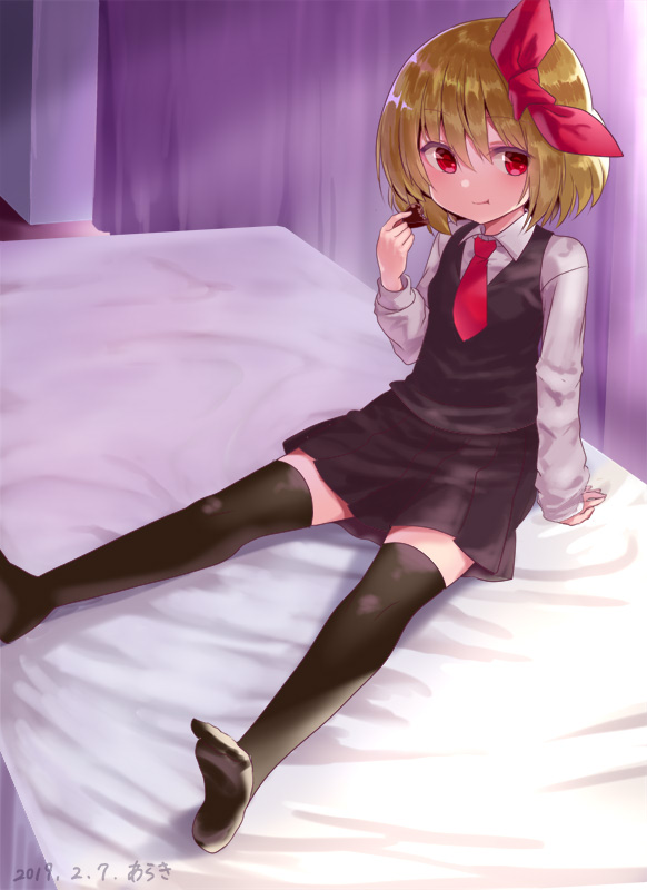 1girl :t araki_(qbthgry) arm_support arm_up black_legwear black_skirt black_vest blonde_hair chocolate commentary_request curtains day eating food hair_between_eyes hair_ribbon holding holding_food indoors long_sleeves looking_at_viewer necktie no_shoes on_bed outstretched_leg pleated_skirt red_eyes red_neckwear ribbon rumia shiny shiny_hair shirt short_hair sitting skirt solo thigh-highs touhou vest white_shirt