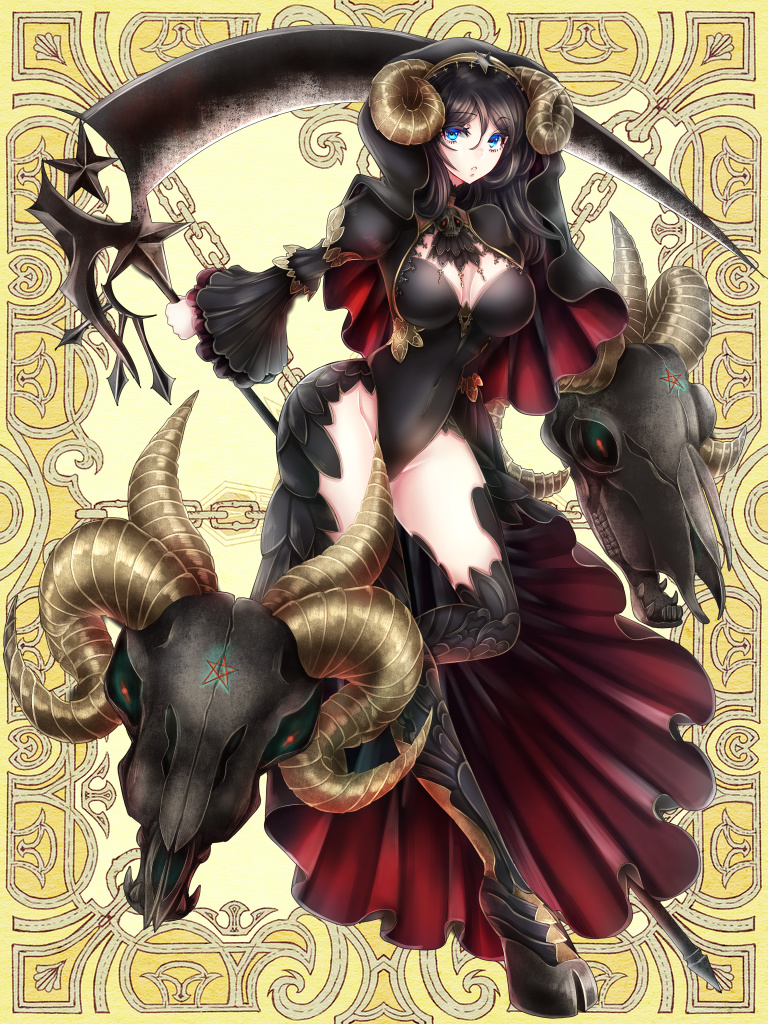 black_hair black_legwear black_skirt blue_eyes breasts cleavage covered_navel groin hairband holding holding_scythe hood hoof horns kerberos_blade large_breasts leotard long_sleeves looking_at_viewer official_art ram_skull red_eyes scythe sheep_horns skirt skull standing standing_on_one_leg thigh-highs yinji