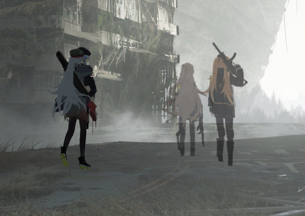 3girls asuteroid blonde_hair boots character_request commentary_request from_behind girls_frontline gun long_hair looking_at_viewer looking_back multiple_girls ump45_(girls_frontline) ump9_(girls_frontline) walking weapon white_hair
