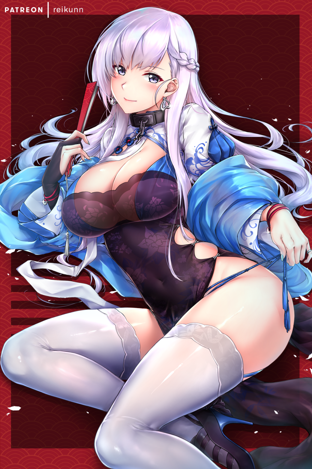 1girl azur_lane bangs belfast_(azur_lane) black_dress blue_eyes blue_kimono blush braid breasts bridal_gauntlets chains cleavage cleavage_cutout closed_mouth collar covered_navel dress earrings fan fingernails folding_fan french_braid high_heels highres hips japanese_clothes jewelry kimono large_breasts long_fingernails long_hair looking_at_viewer nail_polish red_background rei_kun silver_hair smile solo swept_bangs tassel thighs white_hair white_legwear wide_sleeves