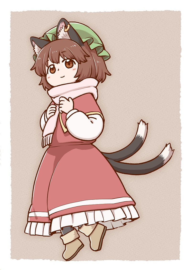 1girl animal_ear_fluff animal_ears bangs black_legwear blush boots border brown_background brown_eyes brown_footwear brown_hair cat_ears cat_tail chen commentary_request dress earrings eyebrows_visible_through_hair full_body green_hat hat jewelry long_sleeves looking_at_viewer mob_cap multiple_tails nekomata petticoat pink_scarf poronegi puffy_sleeves red_dress scarf shirt short_hair simple_background smile solo tail touhou two_tails white_border white_shirt
