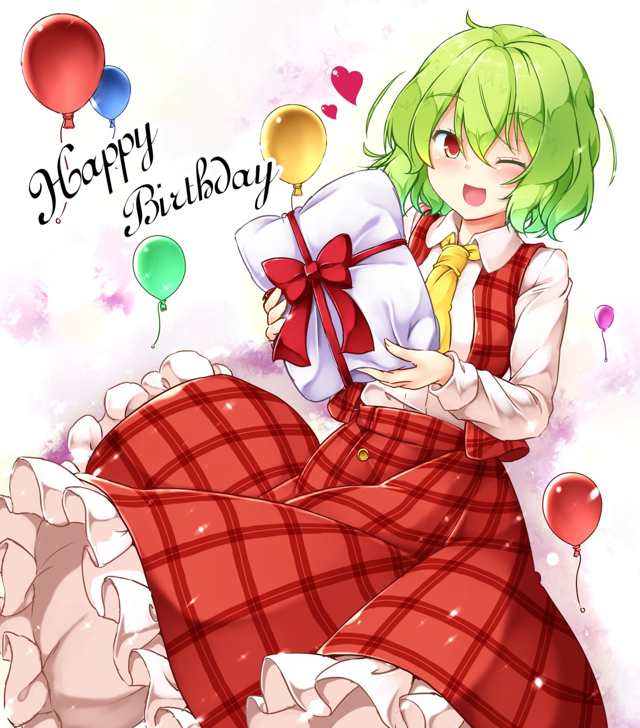 1girl ;d aka_tawashi ascot balloon bangs blush bow commentary_request cowboy_shot eyebrows_visible_through_hair green_hair hair_between_eyes happy_birthday heart highres holding kazami_yuuka long_sleeves looking_at_viewer one_eye_closed open_mouth petticoat plaid plaid_skirt plaid_vest red_bow red_eyes red_skirt red_vest shirt short_hair skirt skirt_set smile solo touhou vest white_background white_shirt yellow_neckwear