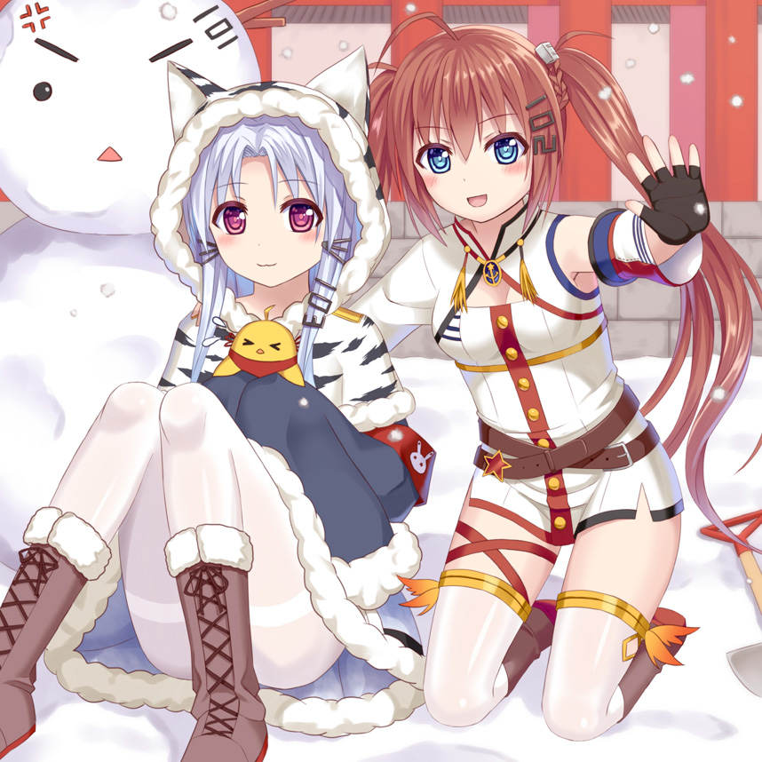&gt;_&lt; 2girls :3 :d anger_vein animal animal_ears azur_lane bird blue_eyes blue_hair blush boots brown_footwear brown_hair capelet chick closed_eyes closed_mouth commentary_request cross-laced_footwear day dress fur-trimmed_boots fur-trimmed_capelet fur-trimmed_dress fur-trimmed_hood fur-trimmed_sleeves fur_trim hood hood_up hooded_capelet kneeling lace-up_boots long_hair long_sleeves multiple_girls open_mouth outdoors pantyhose red_eyes sitting sleeves_past_fingers sleeves_past_wrists smile snow snowing snowman thigh-highs thighband_pantyhose tsukino_neru twintails very_long_hair white_capelet white_dress white_legwear