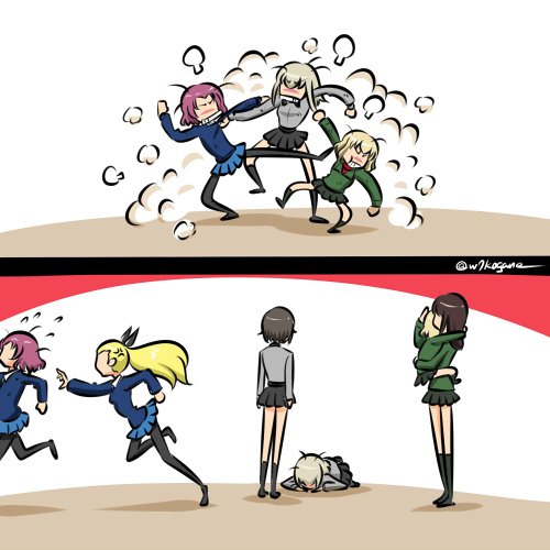 2koma 6+girls =3 all_fours anger_vein assam black_footwear black_hair black_legwear black_ribbon black_skirt blonde_hair blue_skirt blue_sweater bowing brown_hair chasing child_carry clothes_grab comic commentary dress_shirt dust_cloud faceless faceless_female fighting flying_sweatdrops frown fume girls_und_panzer green_jacket grey_shirt grimace hair_pulled_back hair_ribbon hand_on_another's_head itsumi_erika jacket katyusha kicking kogane_(staygold) kuromorimine_school_uniform leaning_forward long_hair long_sleeves looking_at_another lowres miniskirt multiple_girls nishizumi_maho nonna orz pantyhose pleated_skirt pravda_school_uniform punching reaching_out redhead ribbon rosehip running school_uniform seiza shadow shirt shoes short_hair sitting skirt socks st._gloriana's_school_uniform standing sweater twitter_username white_shirt