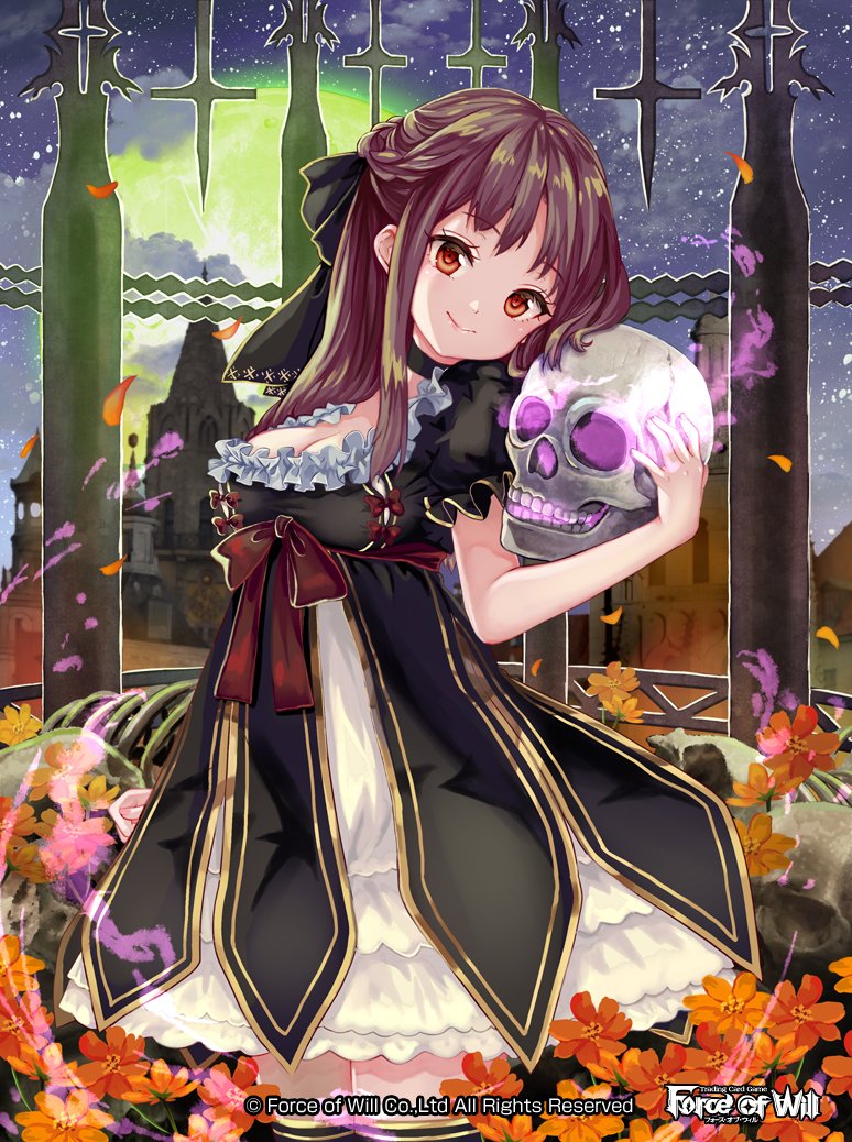 1girl bangs black_bow bow breasts brown_hair castle character_request copyright_name dress eyebrows_visible_through_hair flower force_of_will frilled_dress frills hair_bow head_tilt holding holding_skull juliet_sleeves long_hair long_sleeves looking_at_viewer mouth_scar multicolored multicolored_clothes multicolored_dress orange_eyes pisuke puffy_sleeves red_bow short_sleeves skull sky smile solo star_(sky) window