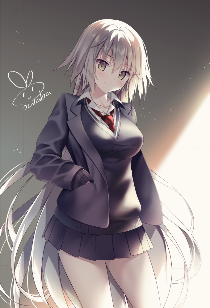 1girl bangs black_jacket black_skirt black_sweater blush breasts closed_mouth collarbone collared_shirt commentary_request cowboy_shot eyebrows_visible_through_hair fate/grand_order fate_(series) futaba_miwa hair_between_eyes hand_in_hair head_tilt jacket jeanne_d'arc_(alter)_(fate) jeanne_d'arc_(fate)_(all) large_breasts long_hair looking_at_viewer miniskirt necktie open_clothes open_jacket pale_skin pleated_skirt red_neckwear shirt signature silver_hair skirt smile solo sweater very_long_hair wing_collar yellow_eyes